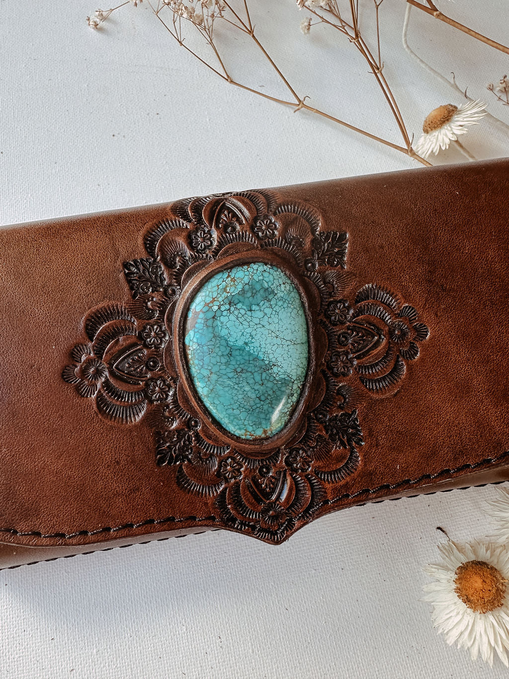 Mandala Leather Wallet - Dark Tan