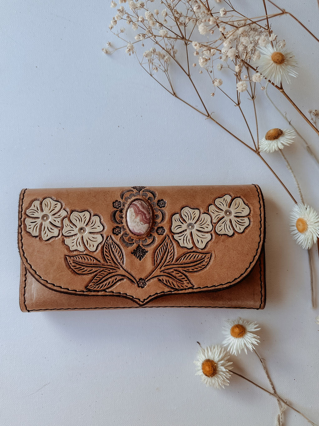 Flower Leather Wallet - Light Tan