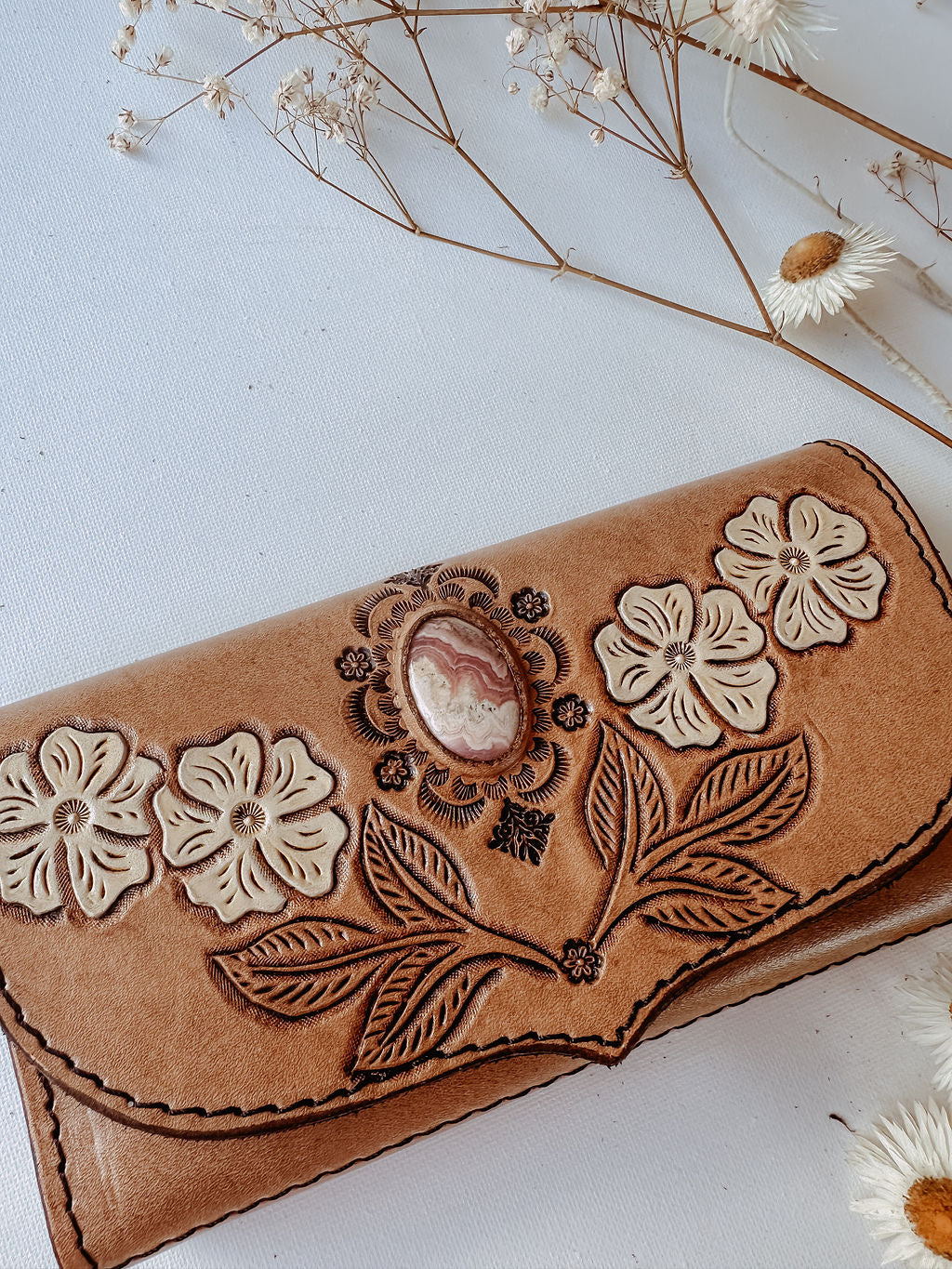 Flower Leather Wallet - Light Tan